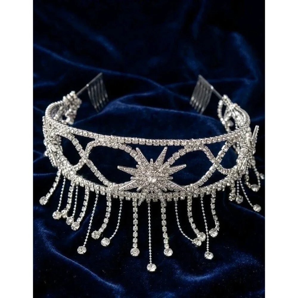 Vintage-Style Celestial Starburst Rhinestone Tiara with Dangle Fringe